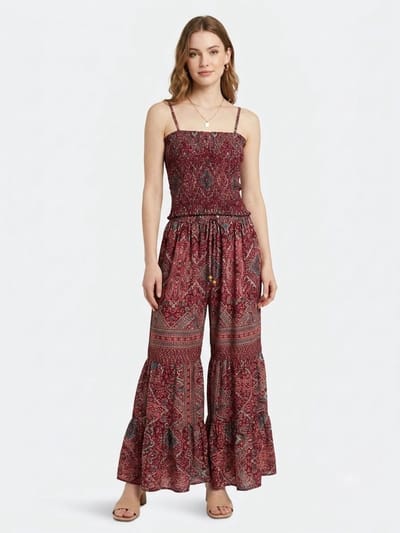 Dames Kleding set - Top met broek - 1018 - One size (36-40) donkerrood/roze/groen