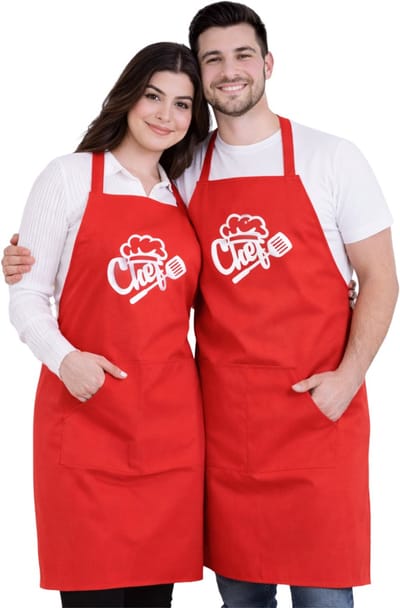 Chef Keukenschort - Set van 2 - Rood/Rood - 60x80 cm - Kookschort met zakken - Keukenschort dames - Keukenschort Heren - Valentijnsdag Cadeutje - BBQ