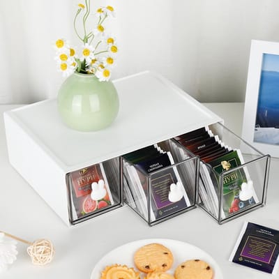 QTTVBTNA -Thee Organizer Stapelbare Opbergdoos – Transparante Theedoos met Laden voor Theezakjes, Koffie, Kruiden, Rietjes – Kunststof Keuken Organizer (Wit)