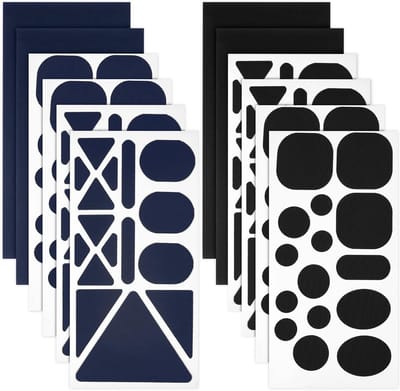 Set van 12 Waterdichte Zelfklevende Reparatiestickers voor Kleding, Tenten en Slaapzakken in Diverse Maten en Vormen, Zwart en Blauw