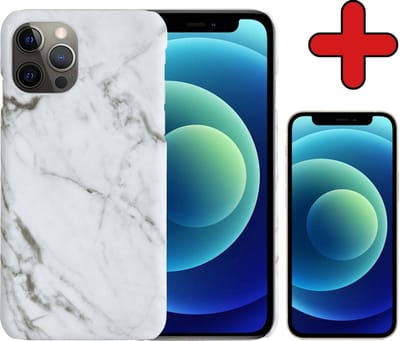 Hoesje Geschikt voor iPhone 12 Pro Hoesje Marmer Hardcover Fashion Case Hoes Met Screenprotector - Hoes Geschikt voor iPhone 12 Pro Marmer Hoesje Hardcase Back Cover - Wit