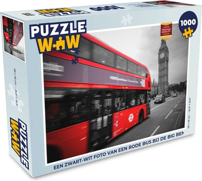 Puzzel Een zwart-wit foto van een rode bus bij de Big Ben - Legpuzzel - Puzzel 1000 stukjes volwassenen