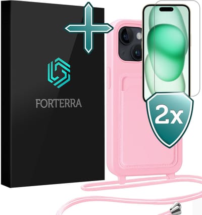 Hoesje Geschikt voor iPhone 15 Plus Pashouder Case Siliconen Hoes Met Koord Met 2x Screenprotector - Hoes Geschikt voor iPhone 15 Plus Met Telefoonkoord Hoesje Back Cover Met Pasjeshouder - Lichtroze