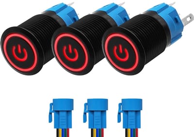 ProRide Drukschakelaar ON-OFF 220V - 16mm Metaal - Waterdicht - LED Rood - Met Kabels - 3 stuks
