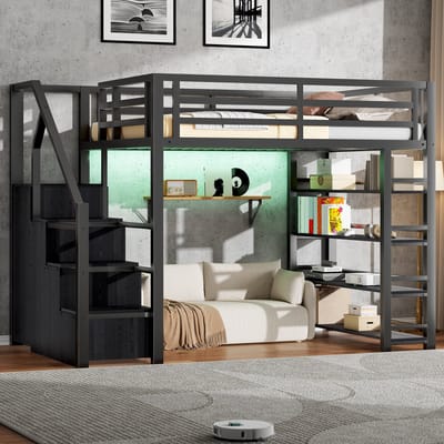 Wishdor Hoogslaper - 140 x 200 cm - Kledingkast en Opbergvakken - LED met App/Bluetooth - Oplaadstation - Metaal en MDF - Zwart - Complete Tienerstudio