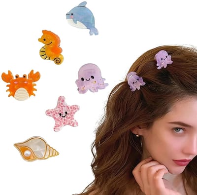 Daity 6 stuks haarspeldjes met zeedieren voor vrouwen - octopus - krab - schelp - dolfijn - zeepaardje - zeesterren - kleine haarklemmen - schattige klauwklemmen - antislip haaraccessoires voor dik en dun haar