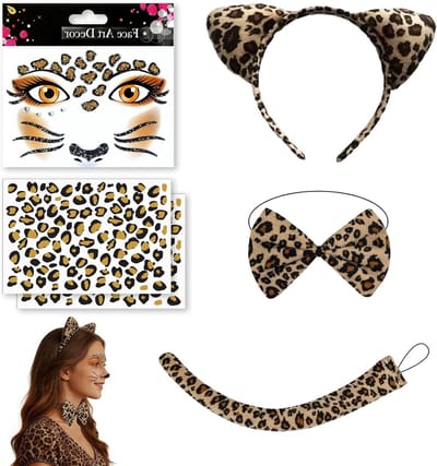 Dames Luipaard Kostuum Set met Hoofdband, Staart, Vlinderdas en Gezichtstattoo voor Halloween en Carnaval Feestjes
