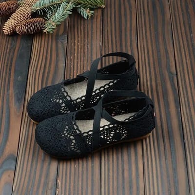 2025 Zomer gehaakte platte schoenen dames elegante ademende schoenen vrouw zachte mesh loafers dame casual enkelband platte schoenen vissersschoenen 35 black