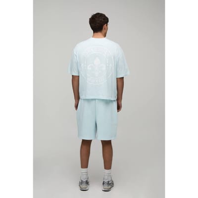 Oversized Boxy Fleur De Lis T-Shirt & Baggy Short Set | Blue | Size Small