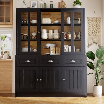 MODFU - Hoge Keukenkast - Transparante Deuren En Kantelbeveiliging - Modern - Voor Keuken - MDF En Acryl - Zwart
