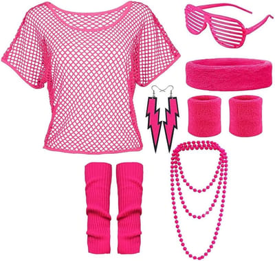 Vrouwelijk 80s en 90s kostuum met neon net, shirt, haarband, armbanden en zonnebril voor feest en carnaval
