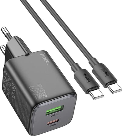 Hoco - 20W USB C en USB A Oplader met Type-C Kabel - Snellader - USB C Adapter - Zwart