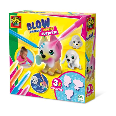 SES Creative - Blow Airbrush Pens - Puppy's Suprise - Knutselen Meisjes - 4 Pennen en 3 Puppy's - Herbruikbaar - Vanaf 5 jaar