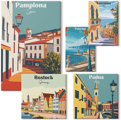 Wallfluent Set van canvas schilderijen - Europese steden pittoreske uitzichten en architectuur Canvas Schilderijen Set - Set van 5 Canvas Schilderijen - Veelkleurig Set van Canvas Prints - Steden Canvas Kunst Set - Boheemse Canvas Kunst Set