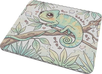 Muismat Kameleon Kawaii Illustratie Pastel Groen en Geel - Schattige Reptiel Mousepad met Japanse Karakters - Exotische Dieren Bureau Accessoire voor haar: Vriendin & Collega - Artistiek Design met Hartjes - Uniek Cadeau