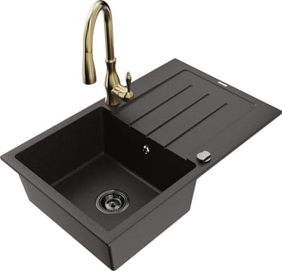Mexen Bruno granieten gootsteen 1-komers met afdruiprek en keukenkraan Savita, zwart/goud metallic - 6513-75-672601-50-B