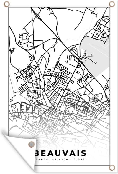 Muurdecoratie Kaart - Plattegrond - Beauvais - Frankrijk - Stadskaart - Zwart wit - 120x180 cm - Tuinposter - Tuindoek