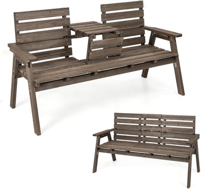 Massieve houten tuinbank met inklapbare tafel, 3-zits ergonomische zitbank voor buiten