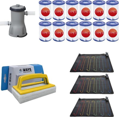 WAYS - Zwembad Onderhoud - 3x Solarmat & Filterpomp 2006 L/h & 12 Filters Type II & WAYS Scrubborstel