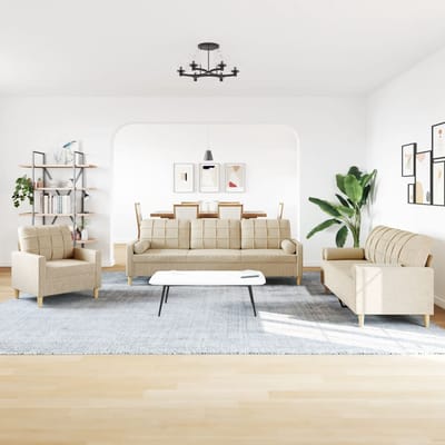 vidaXL - 3-delige - Loungeset - met - sierkussens - stof - crèmekleurig