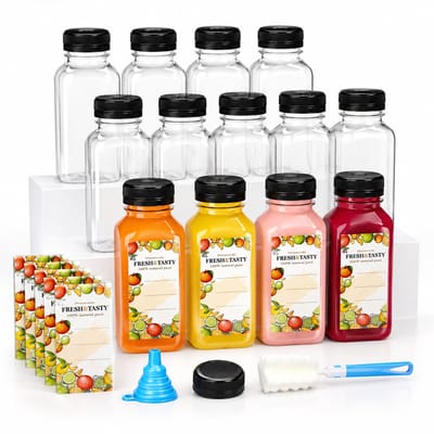 BOTC Sapfles Plastic - 12-stuks - 250ml plastic sapflessen met dop - Inclusief etikettrechter en borsteltje - Geschikt voor sappen en melk