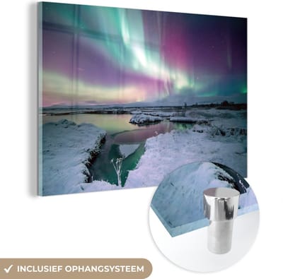 MuchoWow® Glasschilderij 60x40 cm - Schilderij acrylglas - Noorderlicht - IJs - Sneeuw - Foto op glas - Schilderijen