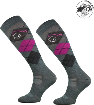 Comodo Paardrijsokken met Merino Wol - Kniekousen Paardrijden - Klassiek Karo Design - Lichtgrijs/Paars 35/38
