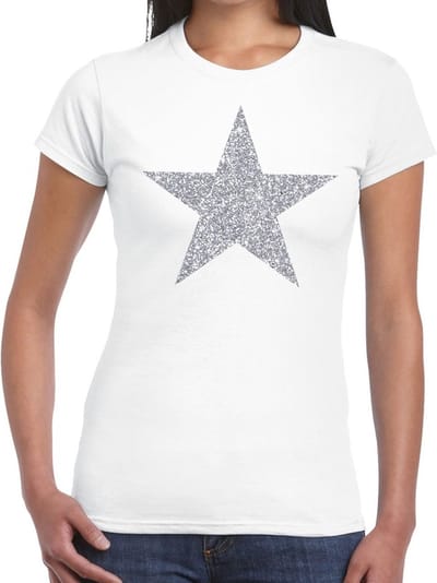Glitter and glamour ster T-shirt - zilver glitters - wit - dames - Verkleedkleding - Feestkleding XS