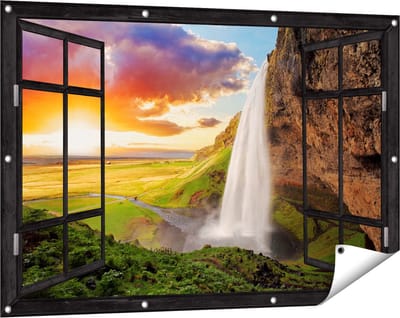 Gards Tuinposter Doorkijk Waterval in IJsland met Zonsondergang - 120x80 cm - Tuindoek - Tuindecoratie - Wanddecoratie buiten - Tuinschilderij