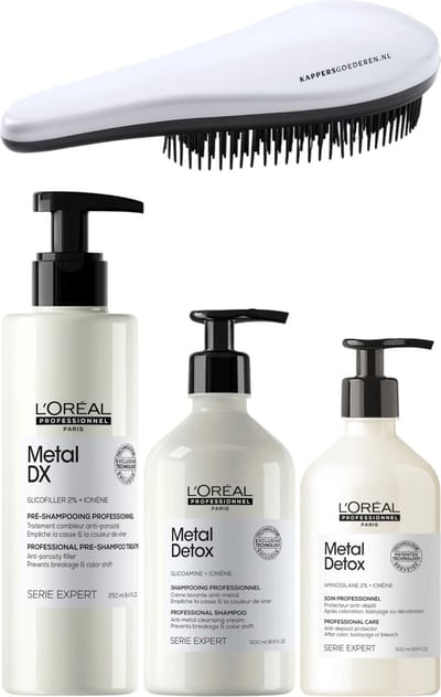 L`Oreal Professionnel - Metal Detox Set - Pre Shampoo + Shampoo + Masker + KG Ontwarborstel - Anti Haarbreuk Pakket - 250 + 500 + 500ML
