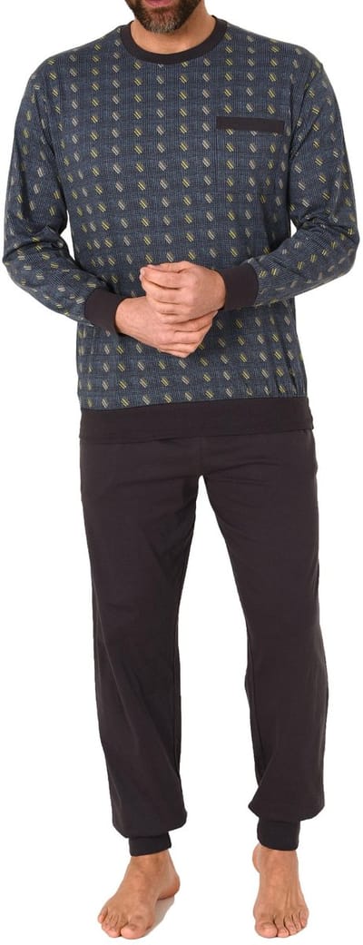 Herenpyjama met lange mouwen en manchetten in elegante minimalprint-look - 212 101 776