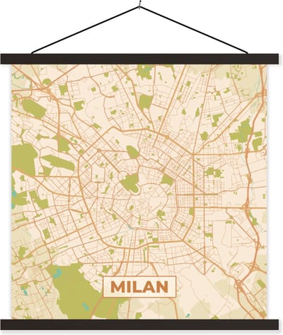 Posterhanger incl. Poster 60x60 cm - Schoolplaat - Kaart - Milaan - Vintage - Stadskaart - Plattegrond - Textielposter - Zwarte latten - Stadskaart