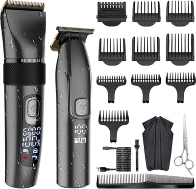 Tondeuse en T-Bladtrimmer - 2-in-1 - Baardtrimmer Mannen - Incl. 9 Opzetstukken - Precisietrimmer - Scheerapparaat - 1.5 Uur Laden, 150 minuten Gebruiksduur - Verstelbaar per 0.5mm - Trimmer - Kapperstools - Haartrimmer - Vaderdag Cadeau voor Papa