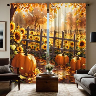 2 pièces HD Automne tournesol Citrouille Jardin rideau décoratif Jaune cravate rideau imprimé numérique Décoration de style décoration de maison W52H63inchW132H160cm orange