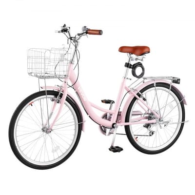 VEVOR Dames Cruiserfiets van 24 inch, 150 Kg, 7 Versnellingen, Stadsfiets, Roze, voor Woon-Werkverkeer, Boodschappen en Stranduitstapjes, met Dubbele V-Remmen, Bagagedrager van 50 Kg, Spatborden en Handschoenen
