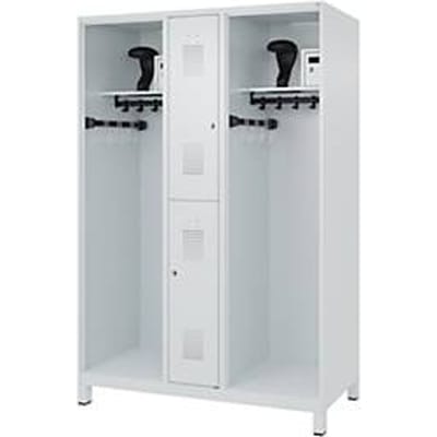 Brandweerkluis C+P Evolo Maxi, 4 vakken voor 2 personen, met helmhouder, met poten, B 1300 x D 600 x H 1950 mm, RAL 7035 lichtgrijs