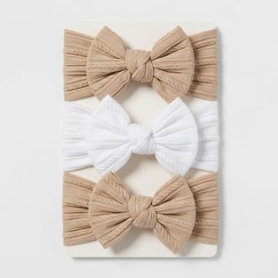 Baby haarband set met strik – 3 stuks – zachte elastische haarbanden in wit en beige tinten – comfortabele baby accessoires voor meisjes