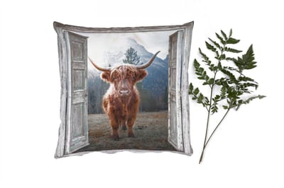 Sierkussens - Kussentjes Woonkamer - 40x40 cm - Schotse hooglander - Koe - Landelijk - Doorkijk