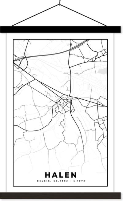 Posterhanger incl. Poster 40x60 cm - Schoolplaat - Zwart Wit – België – Plattegrond – Stadskaart – Kaart – Halen - Textielposter - Zwarte latten - Stadskaart