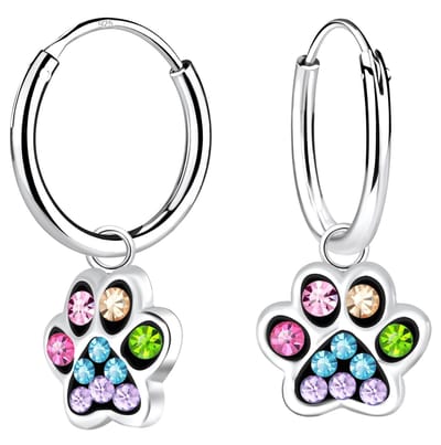 Joy|S - Zilveren kat hond dierenpoot oorbellen - oorringen - multicolor kristal - poot afdruk