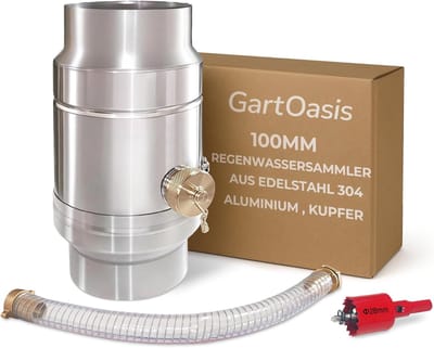 Thijox - 100mm Regenwaterverzamelaar Roestvrij Staal en Aluminium Collector met 45cm Slang en Vat Aansluiting voor Tuin, Dubbelwandig DN100 Regenverza