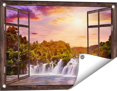 Gards Tuinposter Doorkijk Watervallen in het Bos - 60x40 cm - Tuindoek - Tuindecoratie - Wanddecoratie buiten - Tuinschilderij