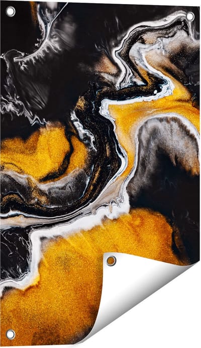 Gards Tuinposter Abstracte Kunst van Zwarte Gouden Verf - 40x60 cm - Tuindoek - Tuindecoratie - Wanddecoratie buiten - Tuinschilderij