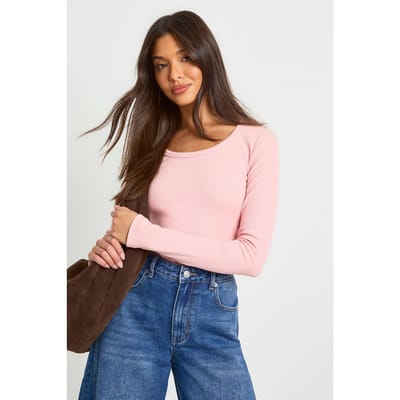 boohoo Dames Geribbelde scoop-hals nauwsluitende top met lange mouwen | Roze | Maat: 34