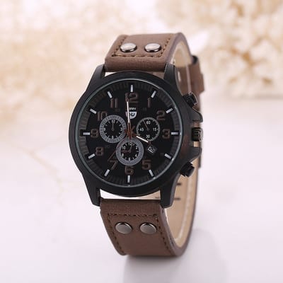 Liandu Horloge Heren - Bruine Leren Band - Zwarte Kast - 40 mm - Analoog Quartz