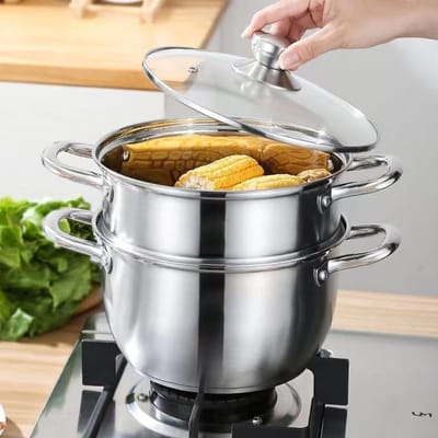 Soeppan met Stoomfunctie - Grote Kookpan - Gezond Koken - Dubbelwandig RVS - 25.8 cm Diameter