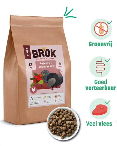 BROK Hondenvoeding - Kalkoen & Veenbessen - 12 KG Graanvrij Hondenvoer - BROK voor Senior Honden - Gezonde Hondenvoeding - Licht Verteerbaar Hondenvoer - Hondenbrokken Met Veel Vlees - Premium Hondenvoer