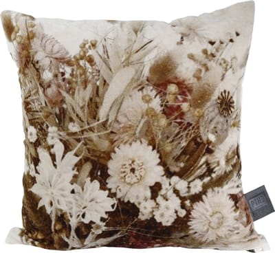 PTMD Charlet vierkant kussen - 45 x 10 x 45 cm - kantoen fluweel creme gedroogde bloemen sierkussen