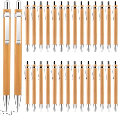 Dailygoods- Balpen 30 stuks - Ergonomisch - Bamboe - Bedrukbaar/Graveerbaar - Intrekbare Punt - Metalen Clip - Schrijfpennen