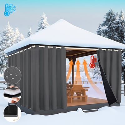MUPOO Waterdicht Winddicht Deurgordijn - Thermisch Isolerend 405gsm - Verduisterend - Warmte & Koudwerend - Oogjes & Stangzak - Gewatteerd - voor Lakeside Cottages, Balkon, Thuis, Pergola(Grijs, B132xH213cm)